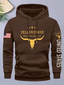 Men's American Yellowstone Park Hoodie, Sweatshirts, Pockets, Long Sleeve, Us Flag Design, Winter Warmth, Casual Outdoor Sweater, Fall/winter Season