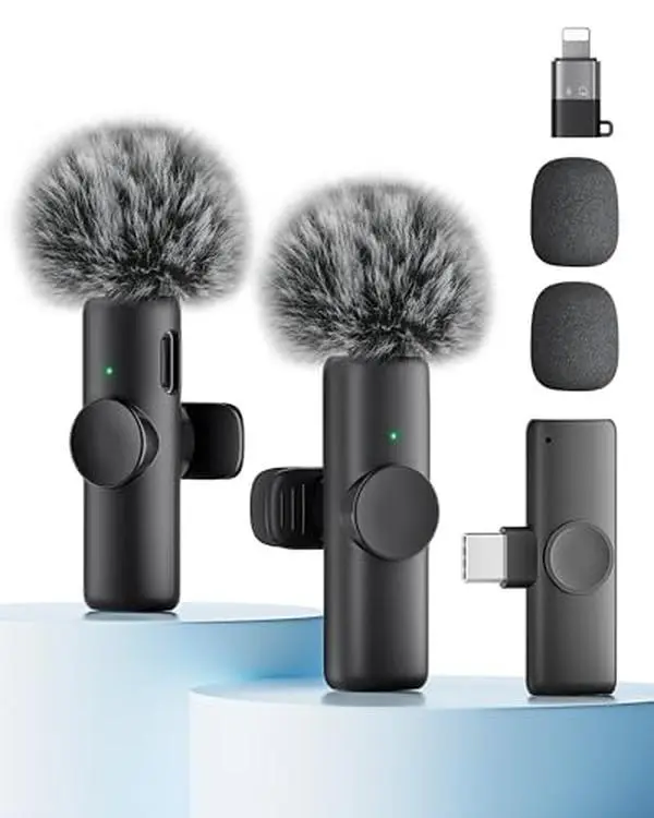 Wireless Microphone for iPhone iPad and Android Phone, 2 Pack Wireless Lavalier Lapel Mic with Noise Reduction, Plug and Play Mini Microphone for Video Recording Interview Podcast YouTube TikTok Vlog