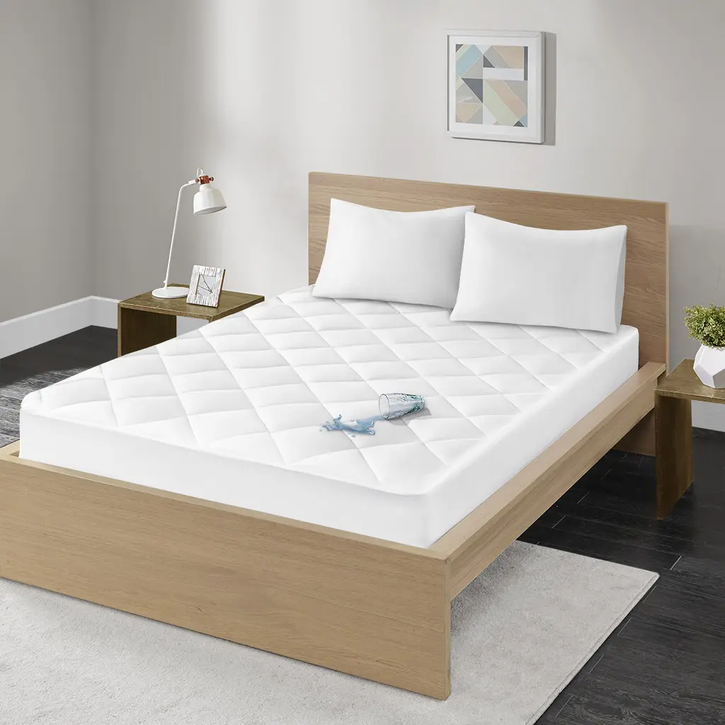 Quiet Nights 300 Thread Count Cotton Sateen Waterproof Mattress Pad, Mattress Protector Pad Waterproof Bed Cover, Diamond Quilted Topper, Fitted Pocket Fits Up To 18 Inch, Machine Washable, White