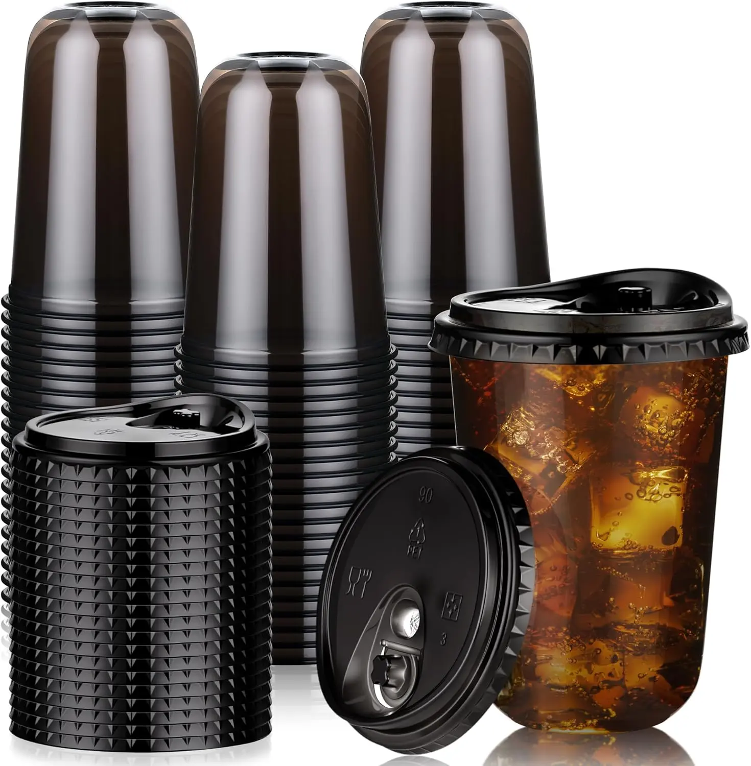 Kesaplan Summer Wins 50 Pack 16oz Black Plastic Cups with Lids, Disposable Round Bottom Stemless Glasses with Sip Lids, To Go Iced Coffee Drinking Cups for Halloween Party Wedding Catering Events