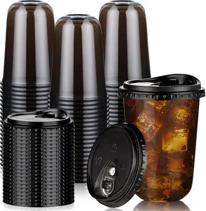 ZAKA MY KITCHEN 50 Pack 16oz Black Plastic Cups with Lids, Disposable Round Bottom Stemless Glasses with Sip Lids, To Go Iced Coffee Drinking Cups for Halloween Party Wedding Catering Events