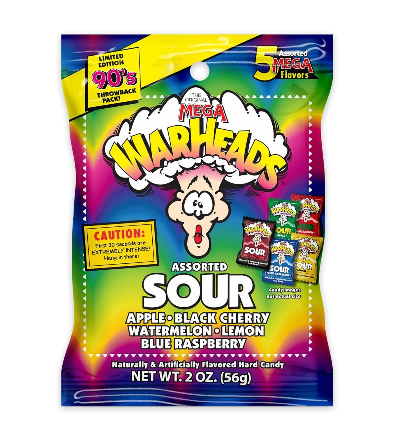 WARHEADS Extreme Sour Hard Candy 2 oz Assorted Fruit Flavors Sour Apple Black Cherry Blue Raspberry Lemon Watermelon Candy Bag