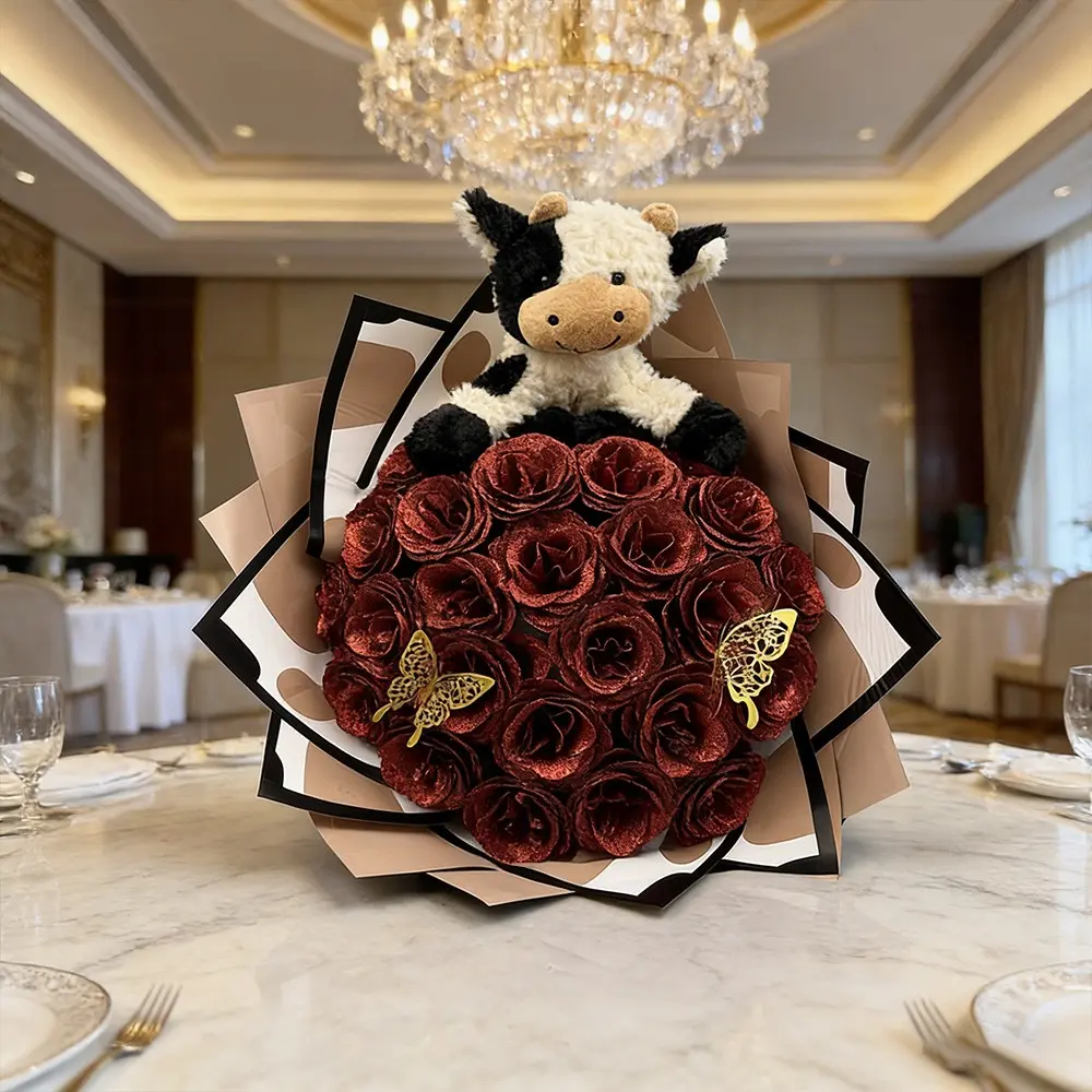 Mother's Day Gift 24/36 DIY Glitter Artificial Rose & Cow Plush Bouquet, Handmade Forever Rose Flower Bouquet for Mom, Perfect for Birthday Wedding Valentine All Special Occasions Decorative Flowers Decorative Glitter Roses Bouquet