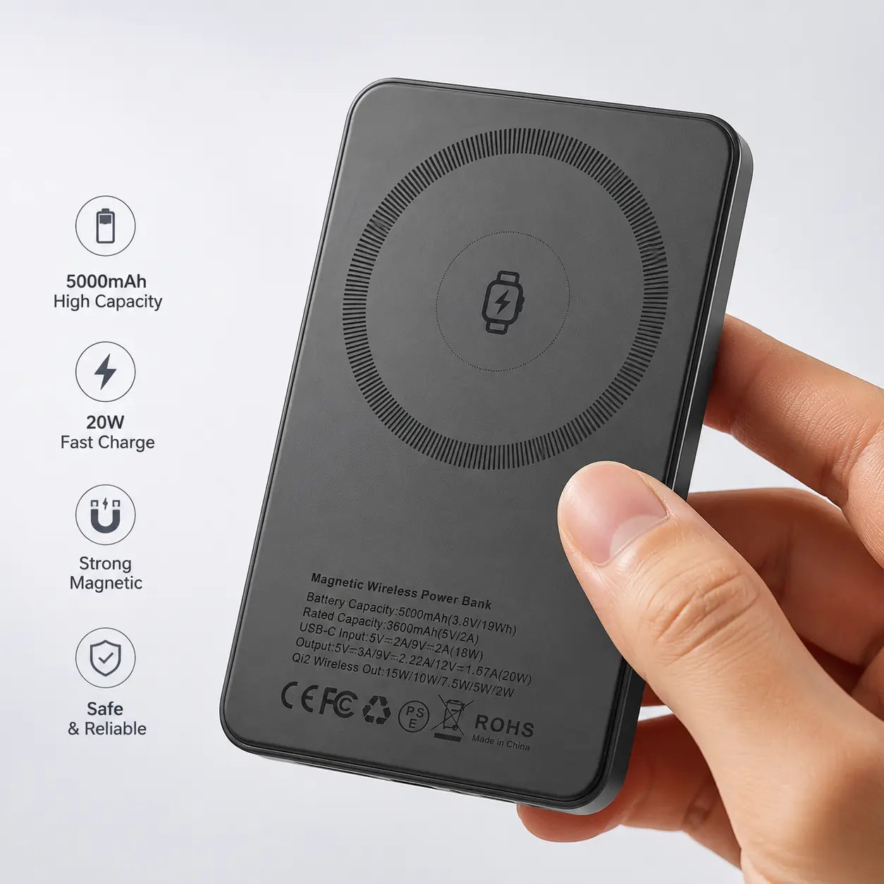 5000mAh Magnetic Wireless Qi2 Power Bank - 20W Fast-Charging, Ultra-Thin, Fireproof Safe Single Port Accessory with Quick Charge 3.0, Type-C, Cells for iPhone Smartphone Travel Use