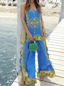 Women's Casual Fashion Bohemian Summer Digital Print Ethnic Style Sexy Boho 2-Piece Set, Tie-Waist Crop Top & Wide Leg Pants, Cocktail Party Long Pants Suit