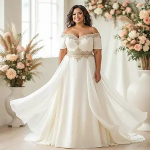 Wedding Gown Elegant Lace Off-Shoulder Short Sleeves Gold Lace Appliqué A-Line Silhouette Corset Lace-Up Back Chapel Train Plus-Size Bridal Gown