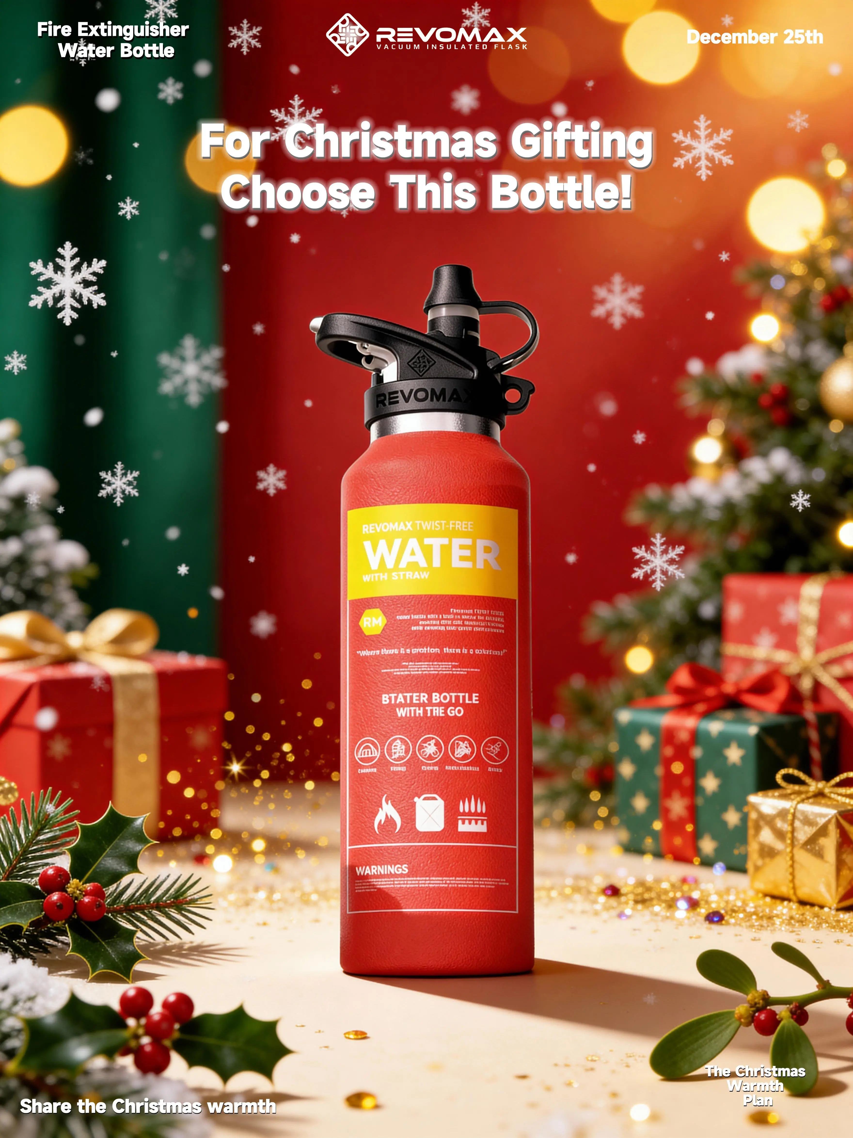 Christmas Gifts REVOMAX Fire Extinguisher Serie Tumbler - Leakproof BPA Free Sports Flask for School Travel Gym Drinkware Portable Bottled Keep Cold 36 Hours Mug Straw