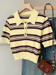 Summer Breathable Striped Colorblock Button Polo Neck Short Sleeve Pullover, Fashion Casual Elegant Style, Versatile Knit Top for Women