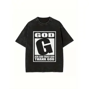 Religious Jesus T-Shirt Ask God Trust God Thank God Oversized Casual Streetwear Unisex Retro Washed Cotton T-shirt