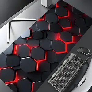 Cyberpunk Neon Red 3D Hexagon Design Large Gaming Mouse Pad,Aesthetic Desktop Drotection Pad,Washable Rubber Pad Non-Slip Lock Edge Multi-Size Mouse Pad Suitable For Home Office,Good Gift for Family and friends