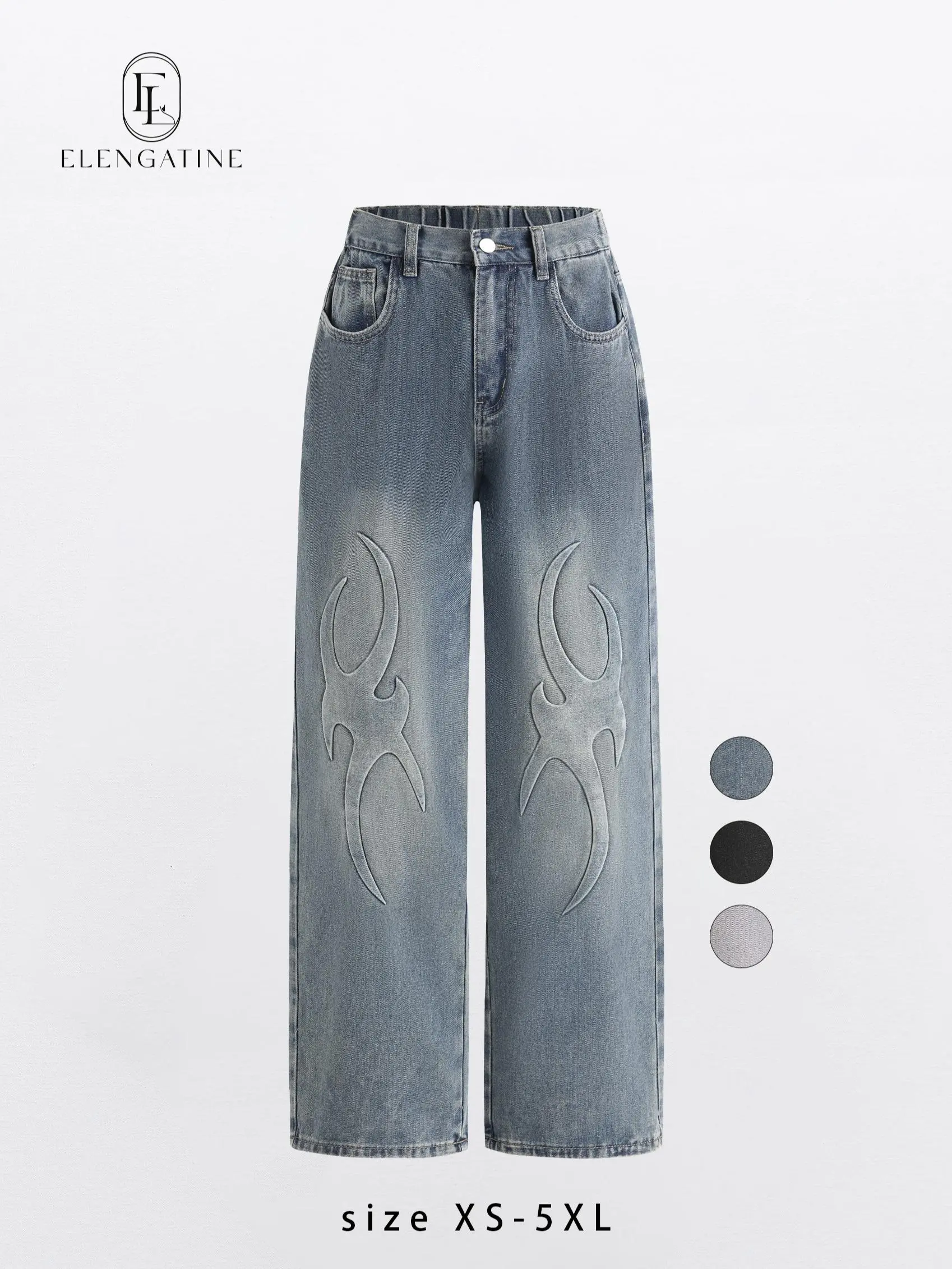 Elengatine Embossed Flame Pattern Denim Jeans for Women Light Wash Loose Wide Leg Silhouette Elastic Waistband Y2K Streetwear Inspired Soft Viscose Cotton Blend Casual Outfits Stand Out Fashion Piece