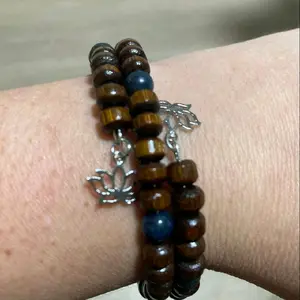 Charm Memory Wire Bracelet with Lotus Flower Wood and Lapis Lazuli Gemstone Beads for Women