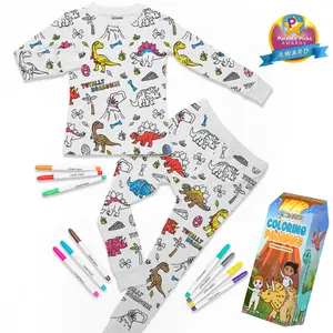 Craftikit Kids Coloring Pajamas Set with Markers Soft Bamboo 2-Piece Unisex PJs Snug Fit Mermaid Unicorn Butterfly & Dinosaur Themes Ultimate Stretch Seasonless Wear Sleepwear Cartoon Print and gift boxed