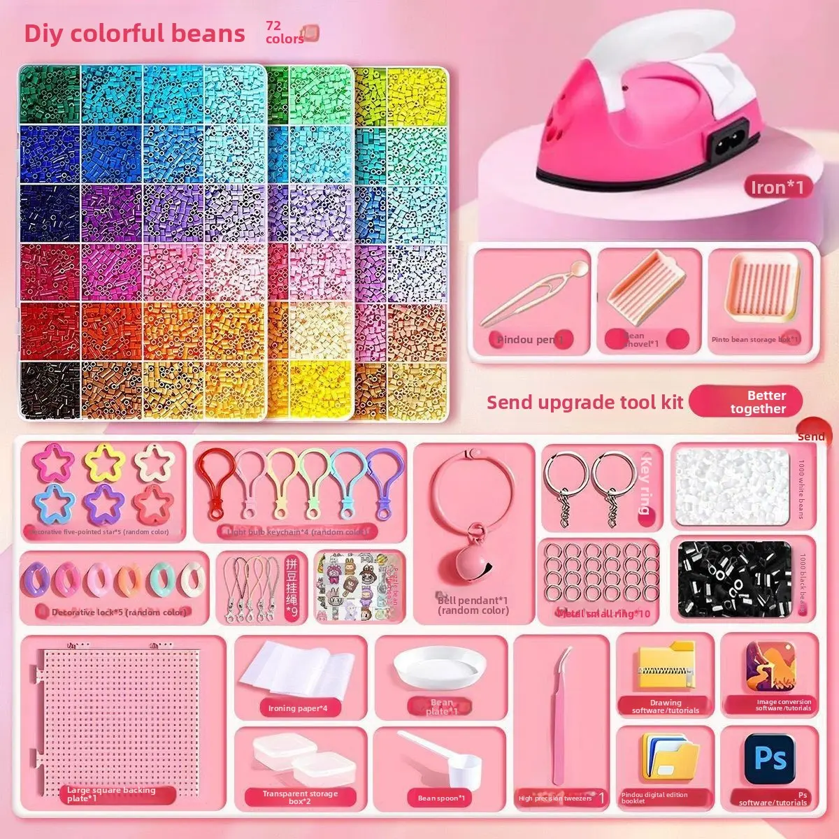 24/48/72-Color Box Set | 38,000+ Pcs + Mini Iron + Upgraded Tool Kit Complete Set of Perler Bead Material Kits Including 2.6mm 3D Perler Beads Fuse Beads Tools DIY Spelled Beans Keychain pendant