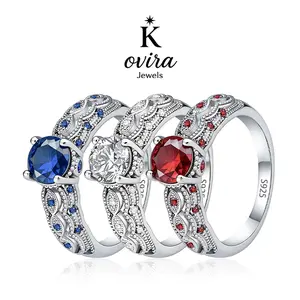 Kovira S925 Sterling Silver Vintage Filigree Ring for Women - 5A Cubic Zircon (Red Stone/Clear/Blue), Classic Vintage Inspired Everyday Wear Jewelry Gift