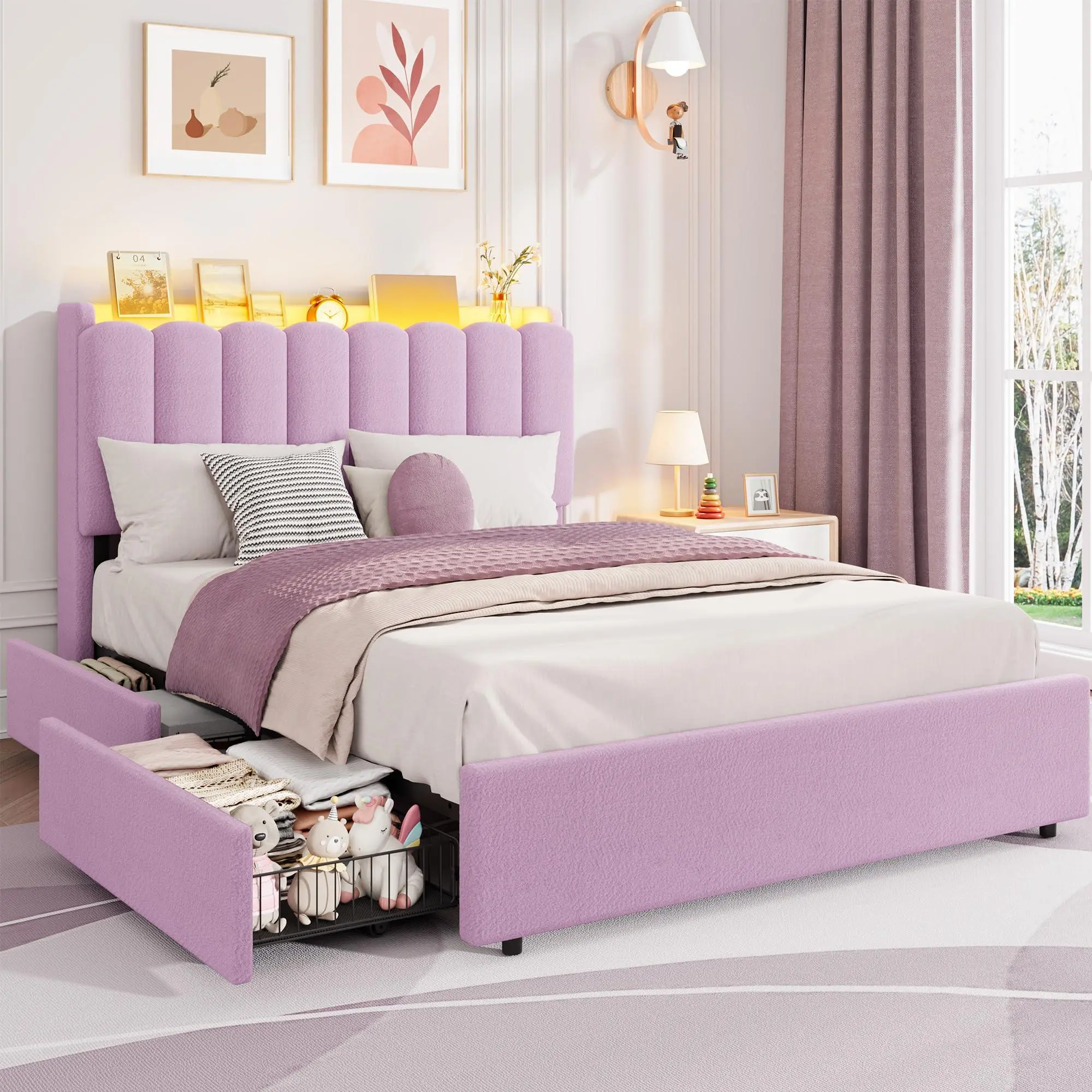 LED Full Size Bed Frame with Storage Headboard, Kids Bed Frame with 2 Drawers, Boucle Upholstered Platform Bed for Girls, Chic Wavy Headboard with Bookcase, No Box Spring Needed, Purple