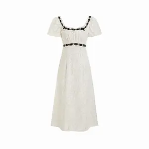 Cider Lace Square Neck Puff Sleeve Bowknot A-line Maxi Dress SwimWeek