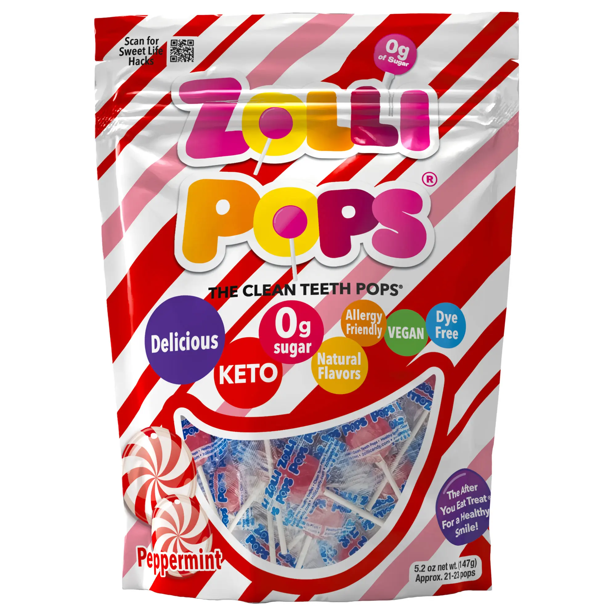 Zollipops Sugar-Free Peppermint Lollipops - 5.2oz Zero Sugar Snack, Gluten-Free, Allergy-Friendly Candy with Peppermint