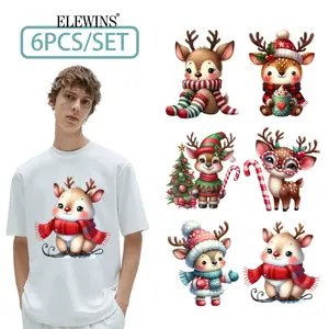 6 Piece Christmas Reindeer Iron-On Patches, Cute DIY Heat Transfer Vinyl Stickers, Unique Reindeer Characters, for T-Shirts, Bags, Pillows, Jackets