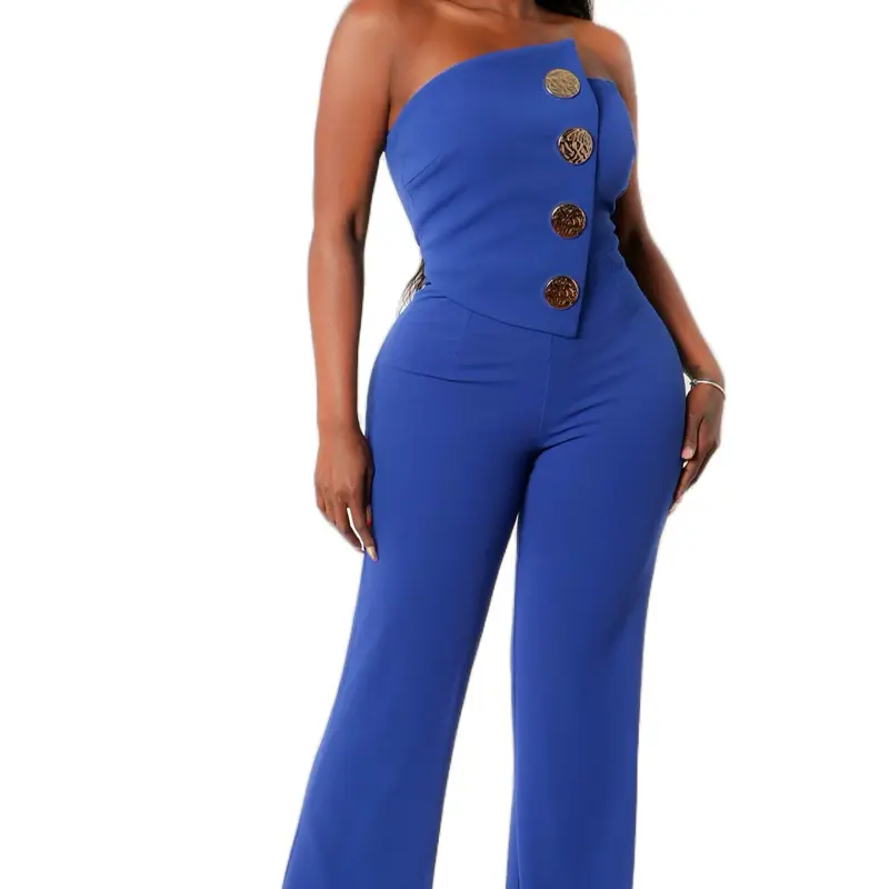 Royal Blue One-Shoulder Button Detail Jumpsuit