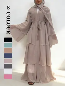 Spring Summer High-Quality Chiffon 3-Layer Eid Abaya with Belt, Casual Party Dress, Comfortable Breathable Fabric, Perfect for Weddings