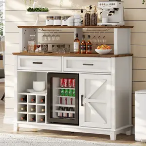 [Memorialday]VanAcc Farmhouse Coffee Bar Cabinet with Beverage Refrigerator Cooler, 47" Wine Bar Cabinet w Mini Fridge, Kitchen Hutch Buffet Table