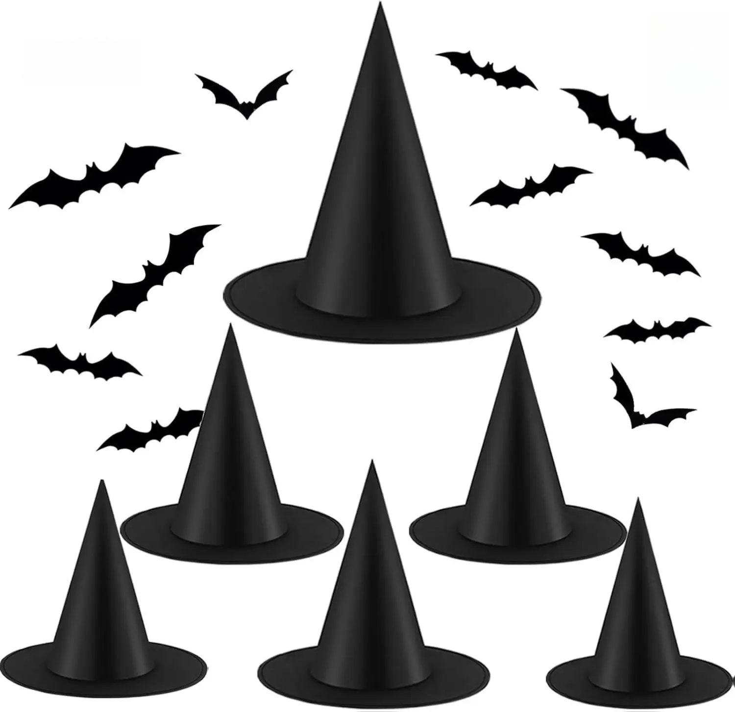Halloween Witch Hats & 3D Bat Pattern Stickers Set (12pcs Each) - 1-Size Synthetic Polyester Taffeta Party Supplies, Party Favor, Last Minute Easy Halloween Costume Accessory, Lightweight, Portable, Easy Storage for Witchy Vibe, Cosplay, DIY Scenes