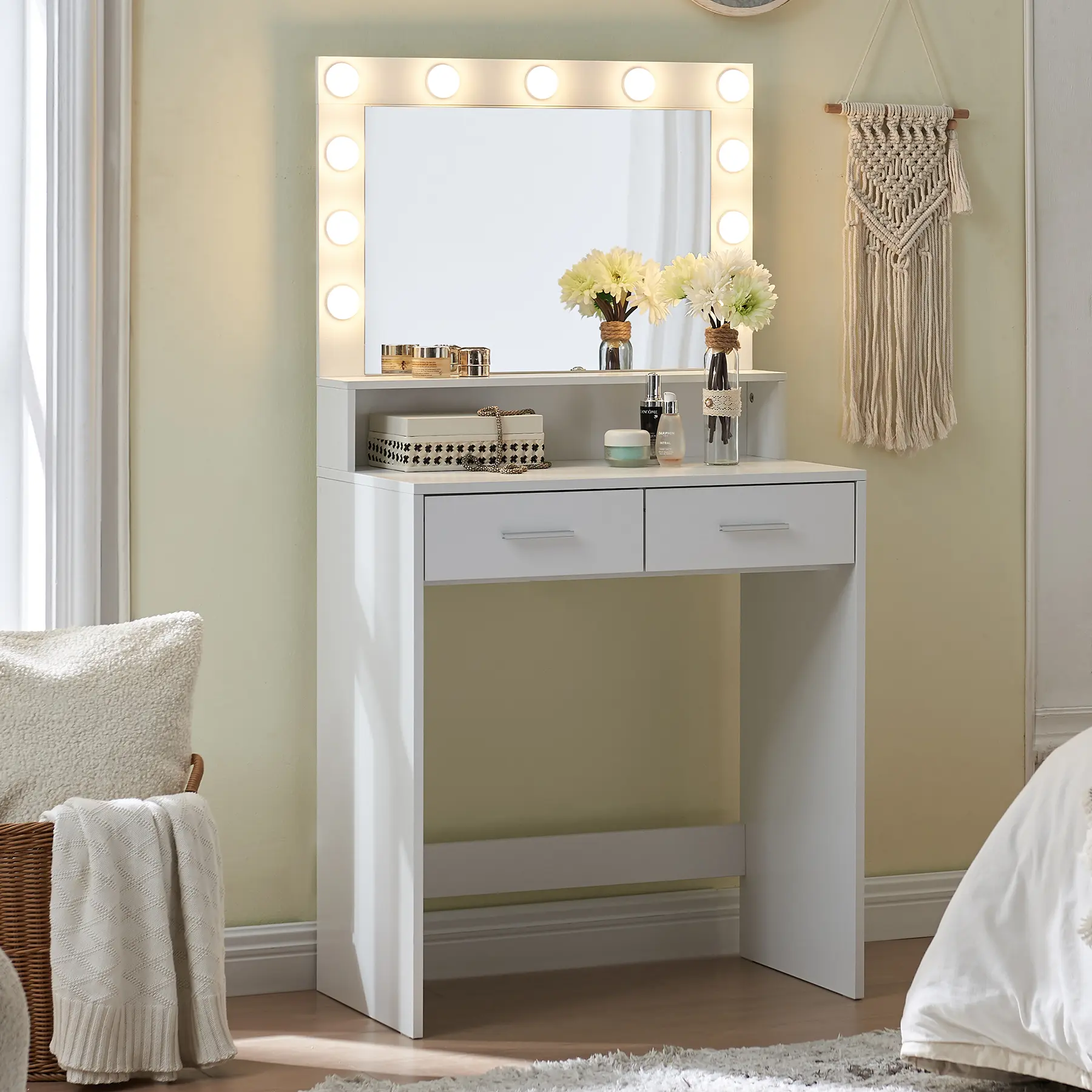 Makeup Vanity Table with Mirror and Lights, Vanity Desk with Large Drawer, 3 Lighting Modes, Adjustable Brightness (54.3'' H x 27.7'' W x 15.7'' D) White