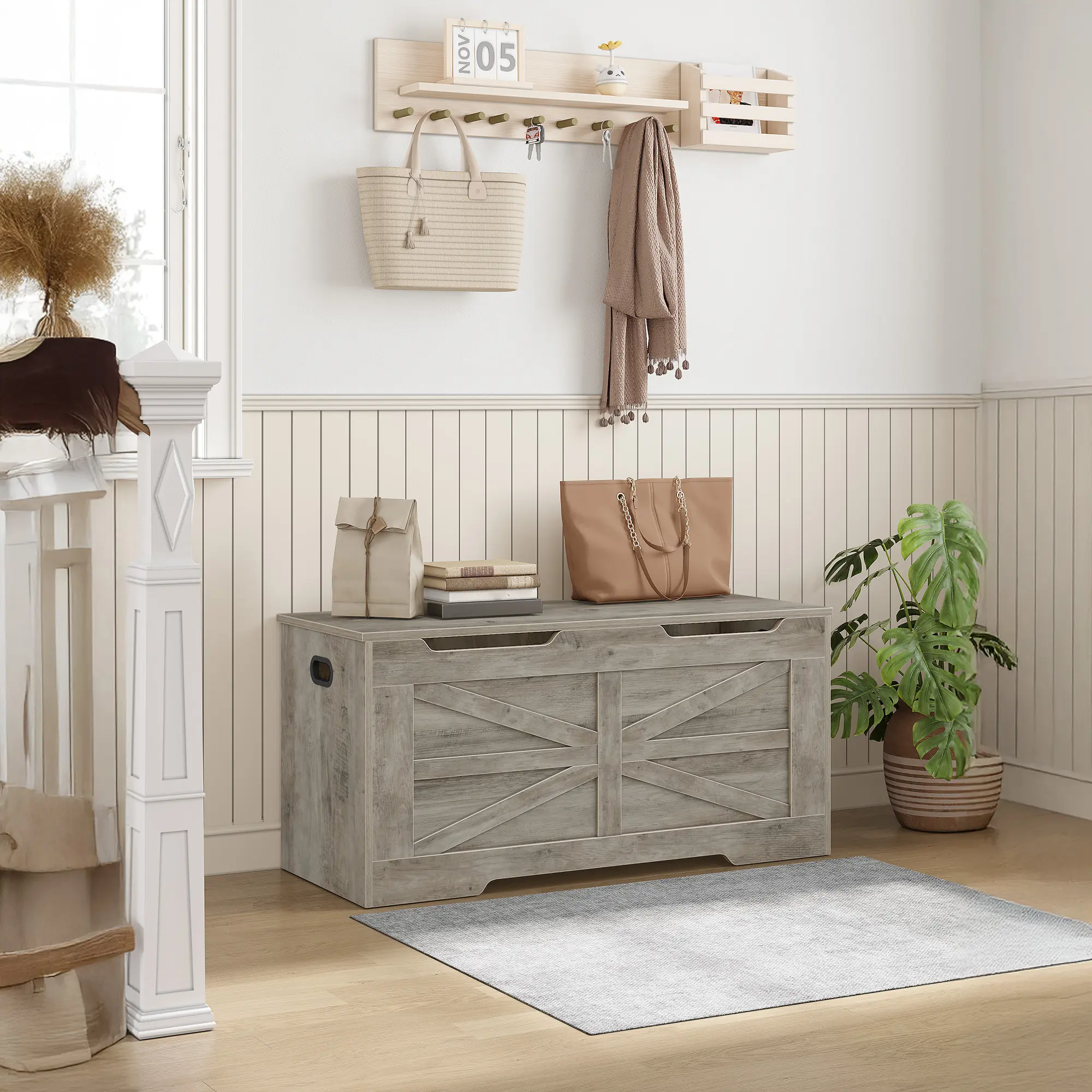 Hzuaneri 39.4-inch (approx. 100.1 cm) Storage Box Extra-Large Storage Box with 2 Hinges, Wooden Box Bench Lift-up Storage Box Suitable for entryway, bedroom, and living room Shoe Bench