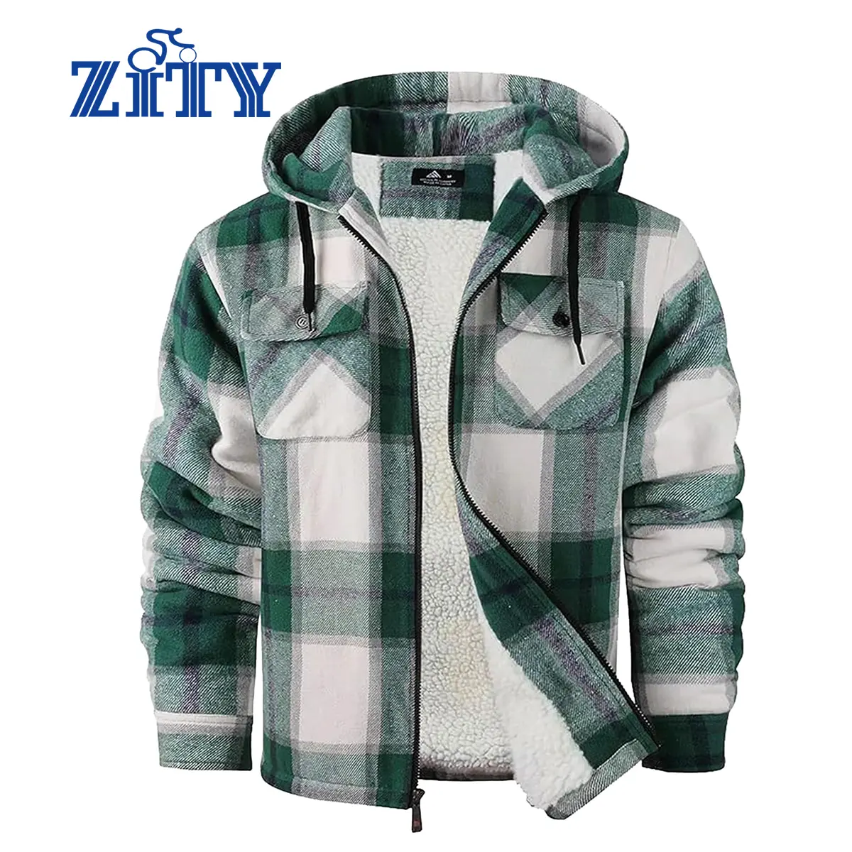 ZITY Men's Green Warm Sherpa Lined Flannel Jacket Fleece Hoodie Plaid Zip Up Outdoor Winter Coat Casual Workwear Tops Checked heated jacket Long Sleeve Tights Menswear Coat With Pockets business casual tops jackets men