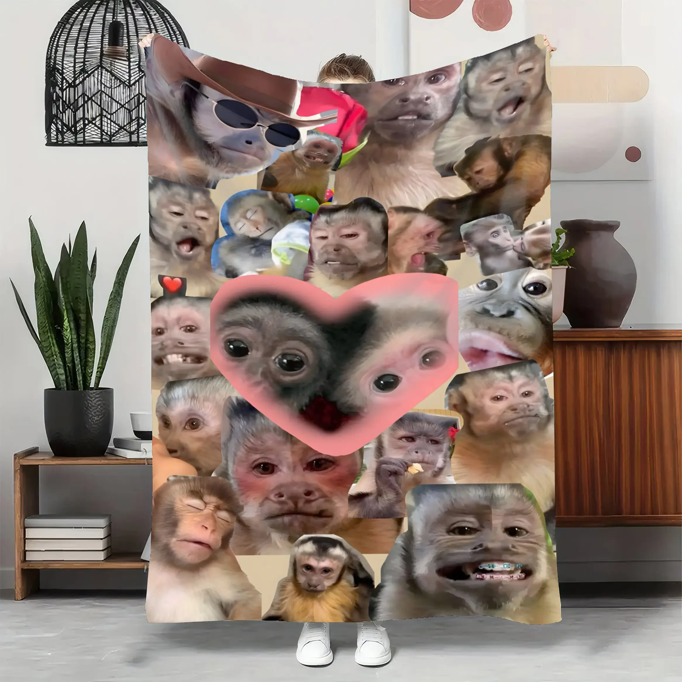 Monkey Throw Blanket Funny Monkey Face Collage Animal Print Soft Flannel Fleece Cozy Warm Lightweight Blanket For Bed Sofa Couch Bedroom Travel Camping Christmas Birthday Gift For Monkey Lovers Animal Lovers Kids Teens Adults
