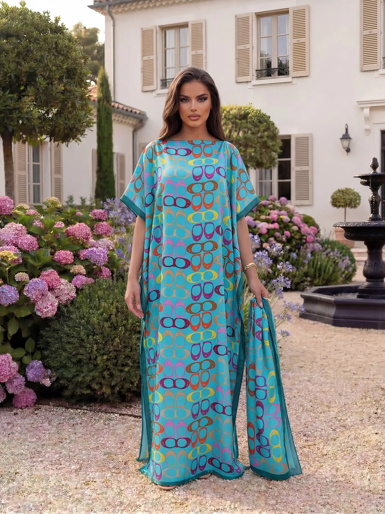 Elegant Geometric Print Robe Set, Hooded Shawl Dress + Headscarf Scarf, Women's Beach Sun Protection Wrap, Casual All Seasons
