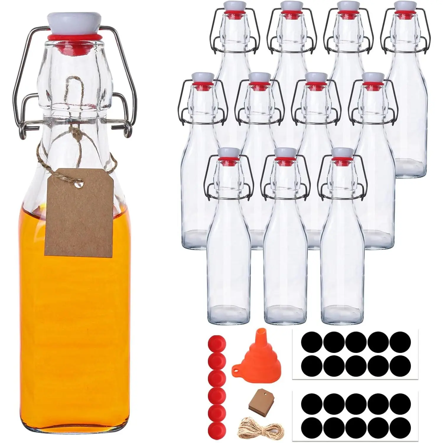 12 Pack 8.5oz Swing Top Glass Bottles, 250ML Square Bottles with Airtight Stoppers for Kombucha, Kefir, Vanilla Extract, (Bonus Gaskets, Labels and Funnel)
