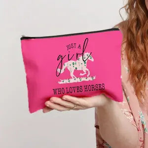 Horse Makeup Bag with Who Loves Horses Design, Portable Travel Cosmetic Organizer, Cute Canvas Coin Purse, Ideal for Equestrian Gifts