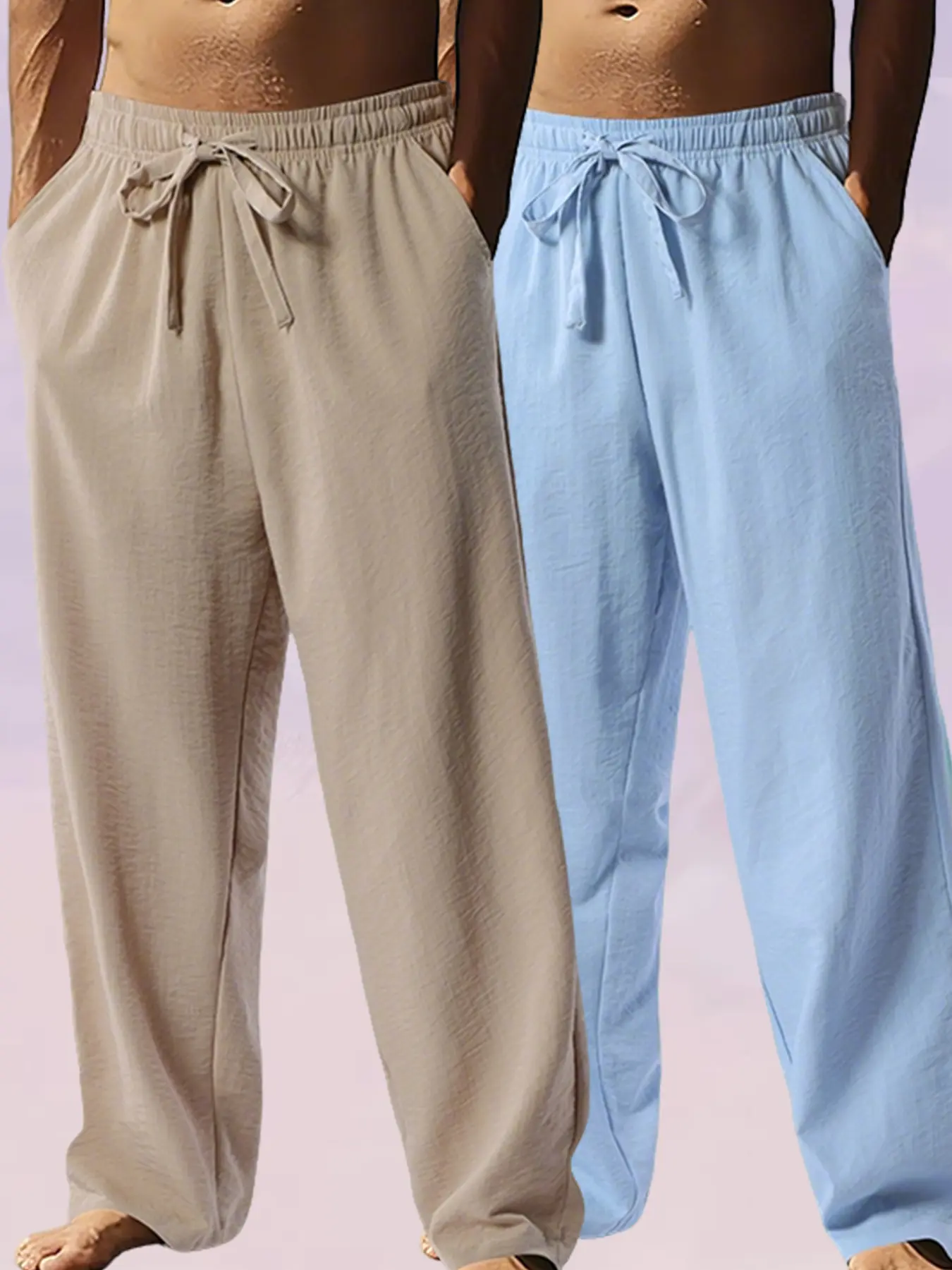Men's 2-Pack Male High Waisted Pants, Loose Fit Casual, Plain Straight, Lightweight Summer, Drawstring Elastic Waist, Beige, Fabric, Trouser, Viscose, Knitting, Loungewear, Holiday, Drapy