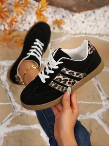 Women's Leopard Print Casual Sneakers Trainer, Classic Color Block Design, Comfortable Lace-Up Walking Shoes, Stylish Daily Wear, Eye-Catching Fashion