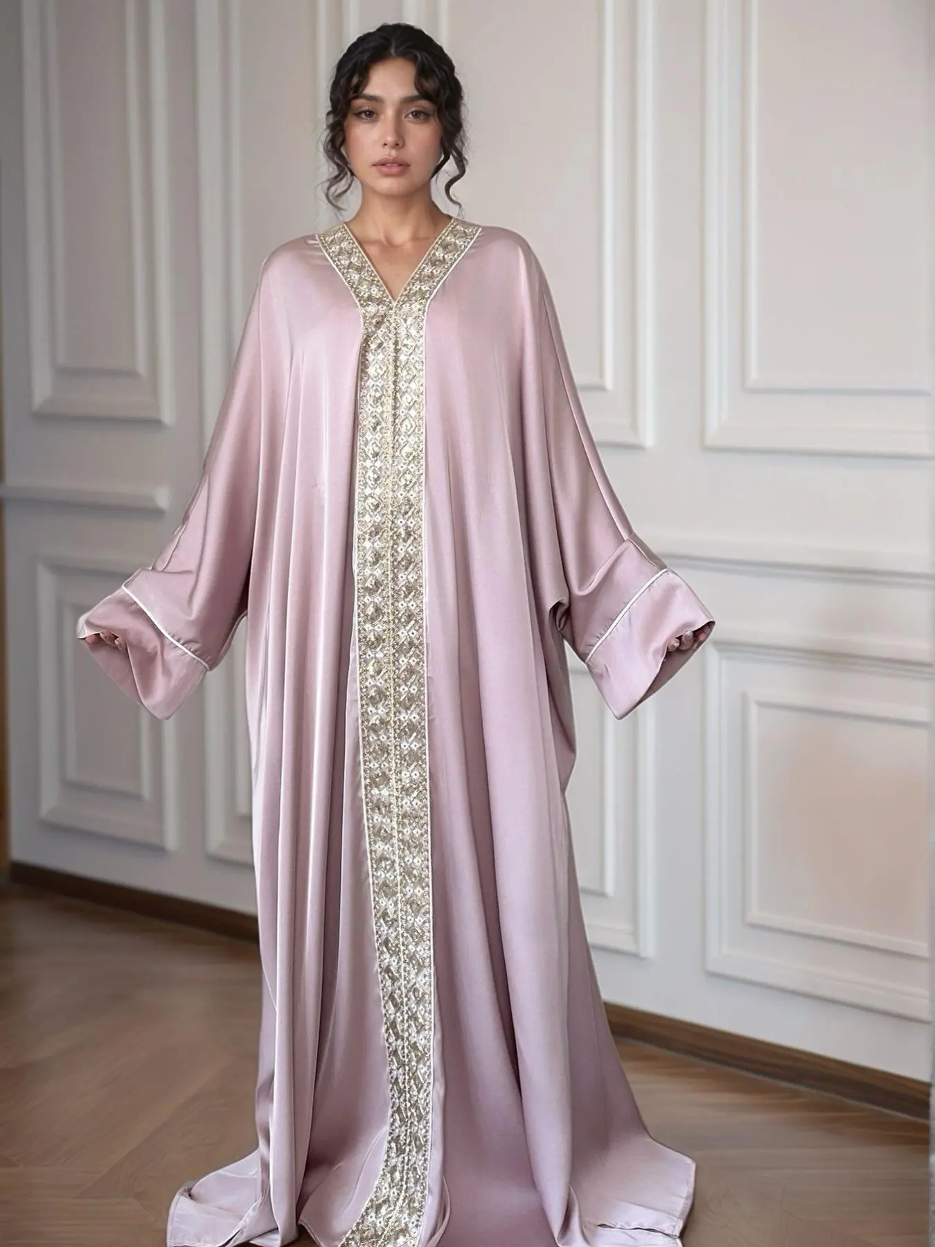 Embroidered Lace Trim Loose Fit Embellished Open Abaya Kimono Style Satin Modest Muslim Dress Loose Abayas