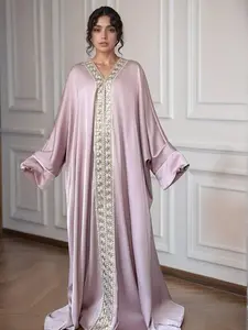 Women's Lace Embellishment V Neck Abaya, Modest Long Sleeve Maxi Dress for Party Wedding Guest, Ladies Islamic Clothing for All Seasons, Modest Muslim Outfits