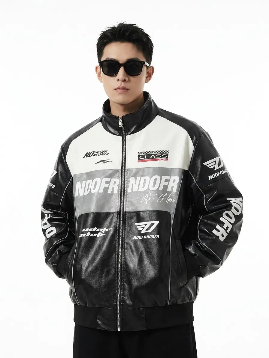 Unisex color-block PU leather racing jacket with stand collar, zipper closure, letter print, motorcycle jacket, Y2K hip-hop street style outerwear