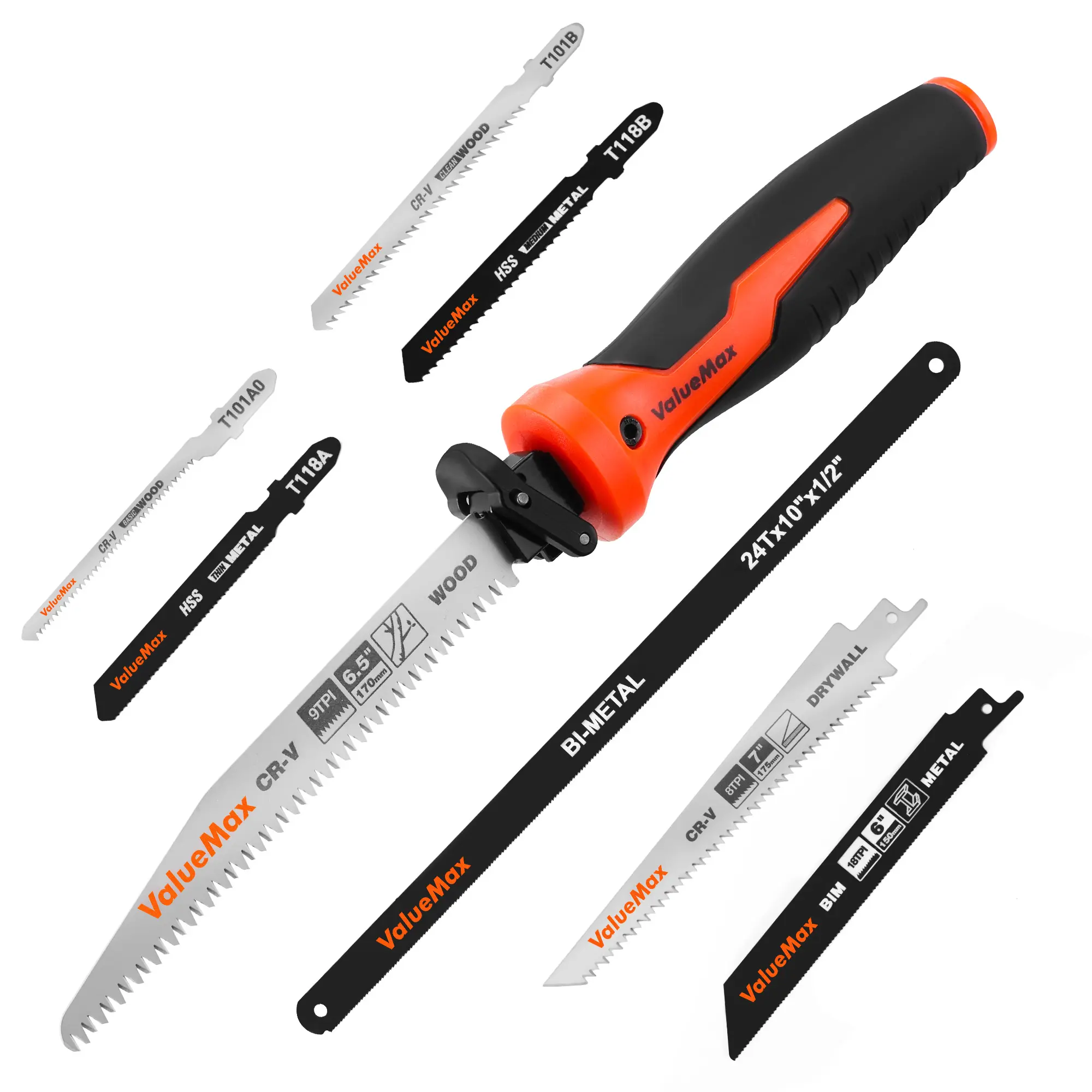 #toolupgrade Valuemax 8-In-1 Multi-Blades Hand Saw, Quick-Change Mechanism Hacksaws with TPR Handle, Drywall/Jab/Pumpkin Carving Saw, CRV & Bimetal Blades, Handsaws for Wood, Metal, Plastic and Plywood