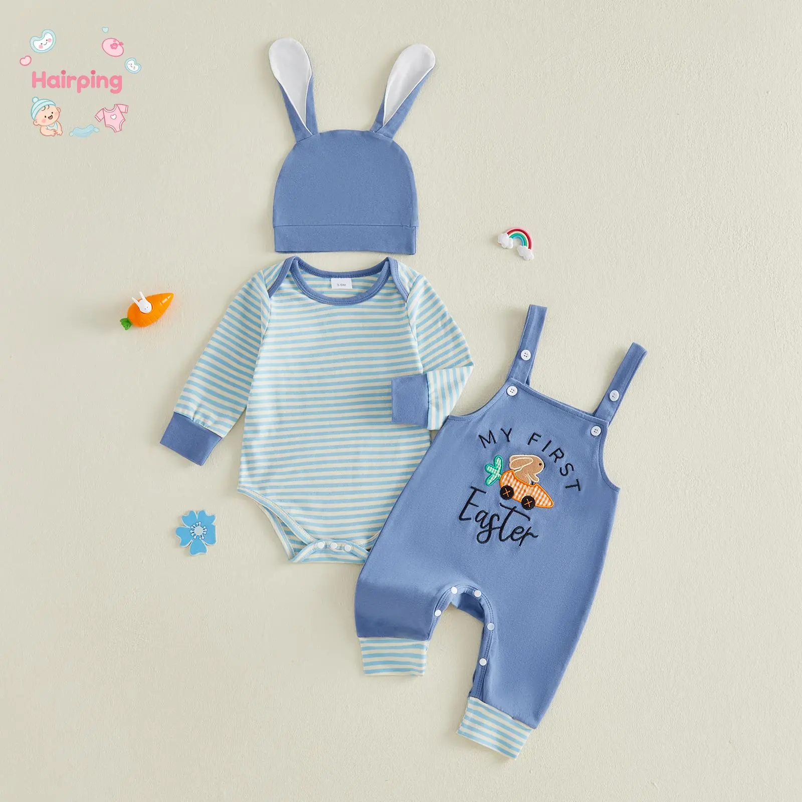 Baby Boy My First Easter 3PCS Outfit Set - Striped Long Sleeve Romper, Bunny Embroidered Overalls, 3D Ear Bunny Hat (Elastane), for 0-3 Months, 12-18 Months, Cute Easter Bunny Design, 3D Ear Hat
