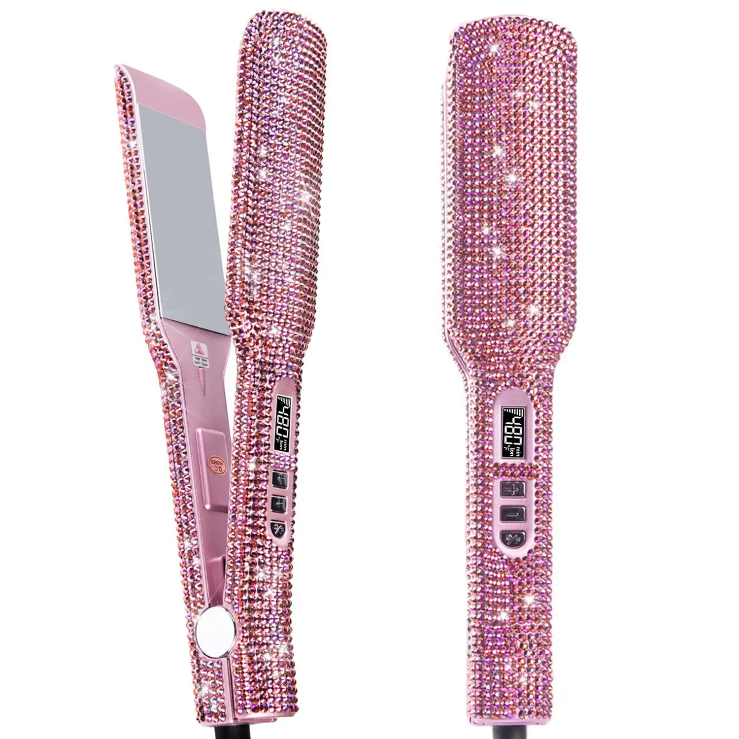 Crystal Bling 2-in-1 Heated Curler & Hair Straightener - 2-Inch Titanium Flat Iron, 480°F Salon-Grade Adjustable Smooth Hair Styling Tool, Instant Heat-Up, Dual Voltage (Rose Pink)