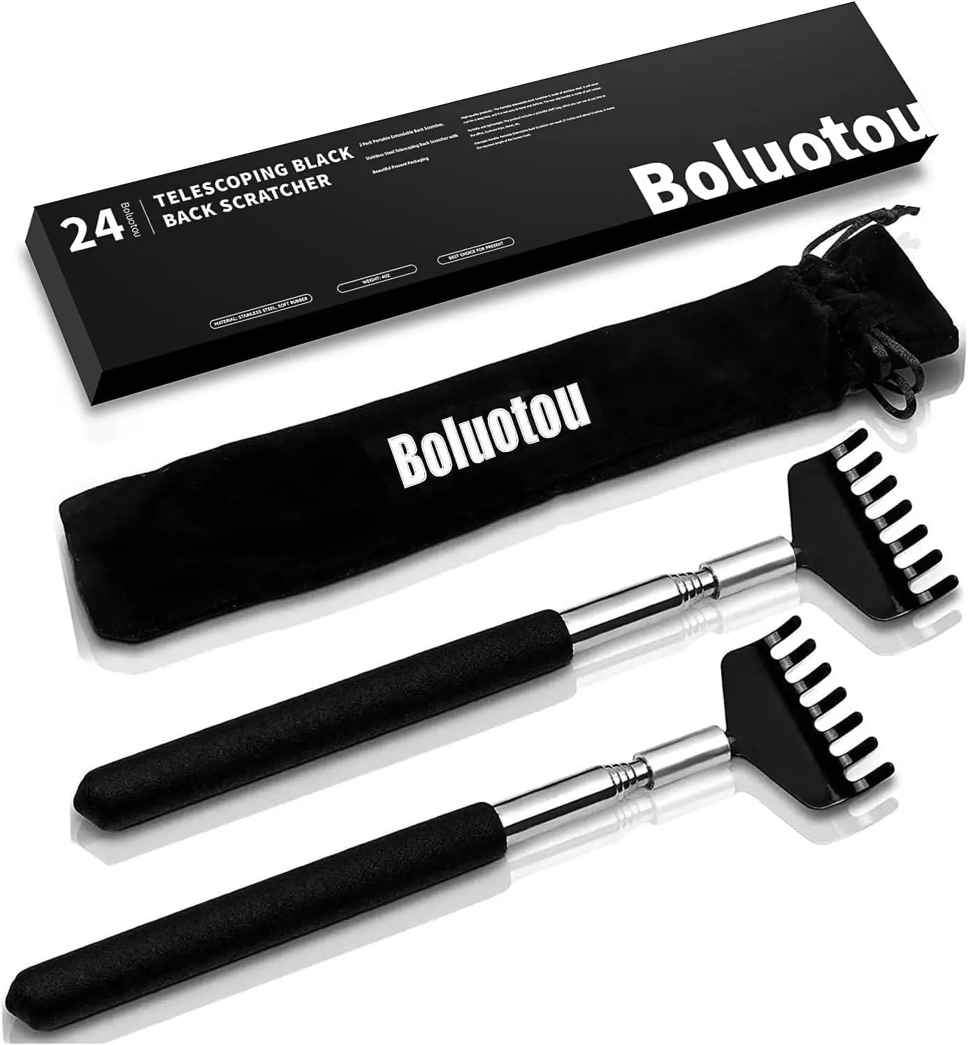 2 Pack Back Scratcher Telescopic Tool for Back & Body Care, Stainless Steel Massager with Extendable Length to 27" & Portable Pouch, Back Care