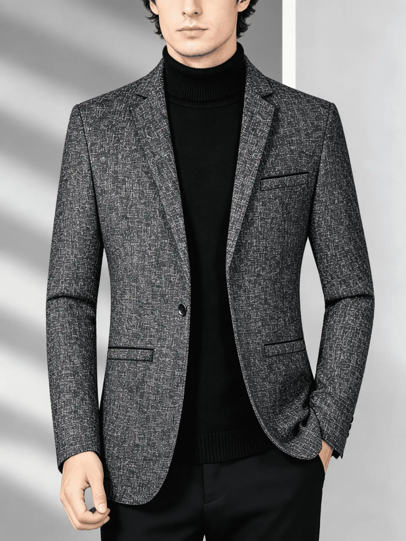 Men's Casual Blazer Jacket Textured, Menswear Long Sleeve Fitted Design, Colorblock Pocket Detail, Spring & Fall Fashion, Versatile Everyday Wear