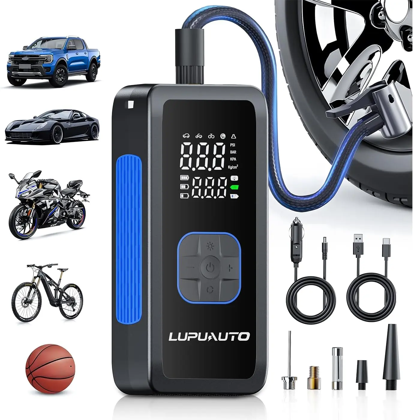 LupuAuto Compact 150PSI Max ABS Metal Portable Tire Inflator Air Compressor Pump - Fast Inflation, Digital Pressure Gauge, Auto Shut-Off, LED Light, 4 Preset Modes, Bicycle & Multi-Vehicle Use, Daily & Travel Helper, Car Power Station Jump Starter, 6000Ma