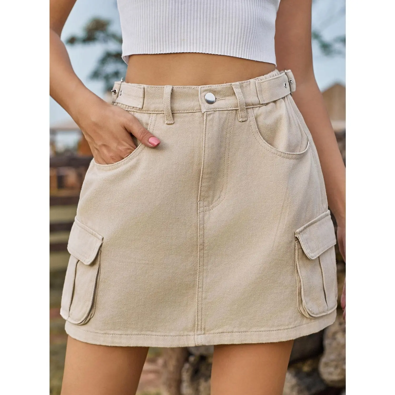 Adjustable Waist Denim Skirt with Pockets