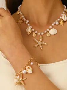 ✨Boho Summer Beach Shell Necklace Set, Matching Jewelry Set, Fashionable Sea Star Conch Pendant, Unique Ocean Jewelry, Includes Bracelet, Trendy Jewelry Set