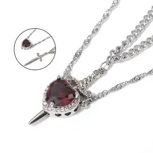 His & Hers Heart Dagger Pendant Necklaces – Silver, Red Crystal Heart & Dagger Design, Edgy Romantic Couple Jewelry – Ideal for Trendy Pairs, Gift for Unconventional Love