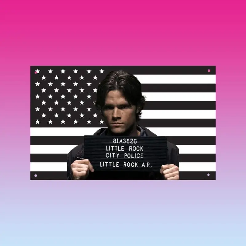 Supernatural Themed Tapestry - Sam Winchester Mugshot Banner, Jared Padalecki American Flag Design, SPN Fan Merchandise, Men's Home Decor, Room Decor Wall Art, Fabric, One-Piece