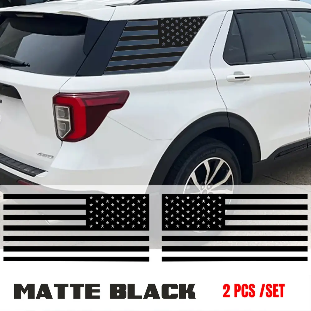 2-Pack PVC USA Flag Vinyl Decals - Patriotic Independence Day Themed, Self-Adhesive, Long Wearing, Water Resistant, Outdoor Safe, Trimmed Fit Rear Window Decor, Universal Fit Car Stickers for Ford Explorer